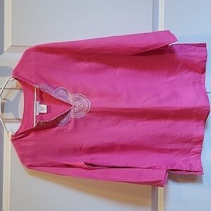 KATE HILL Linen Pink V-Neck Boxy Shirt 3/4 Sleeves sz medium
